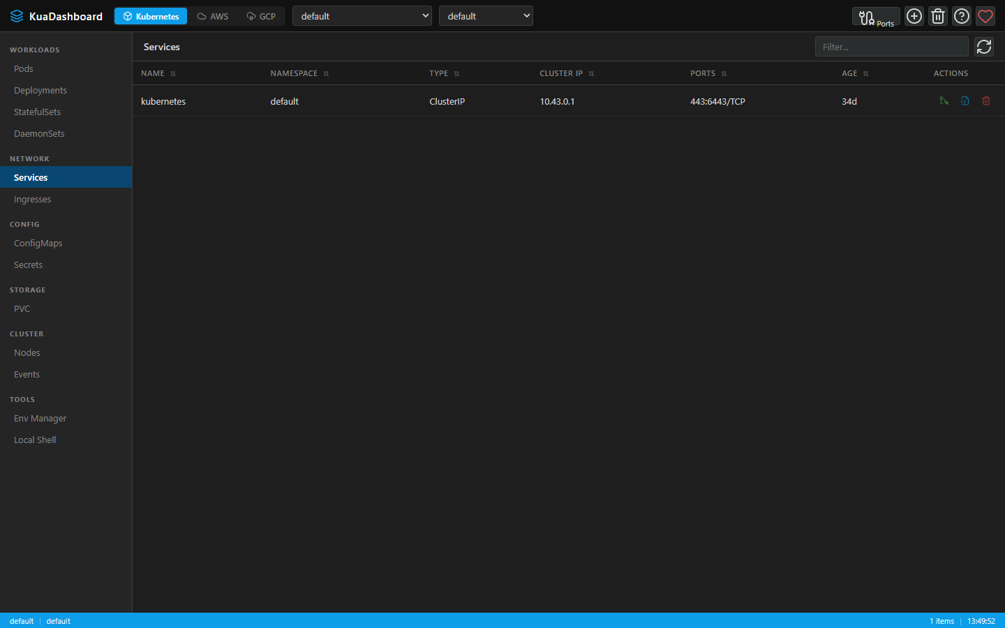 Services list with type, ports and cluster IPs